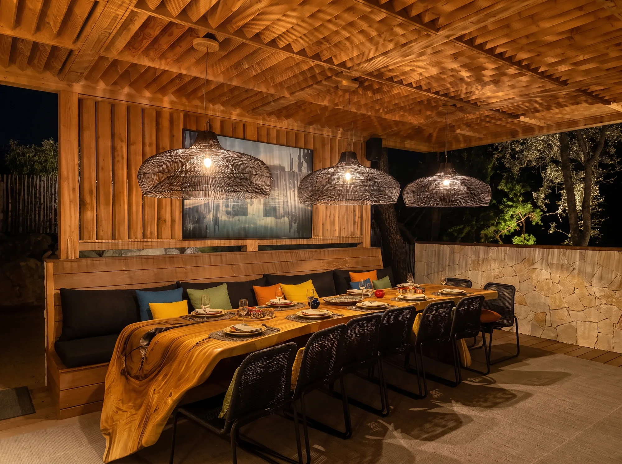 Terrasse et salle à manger extérieure de nuit